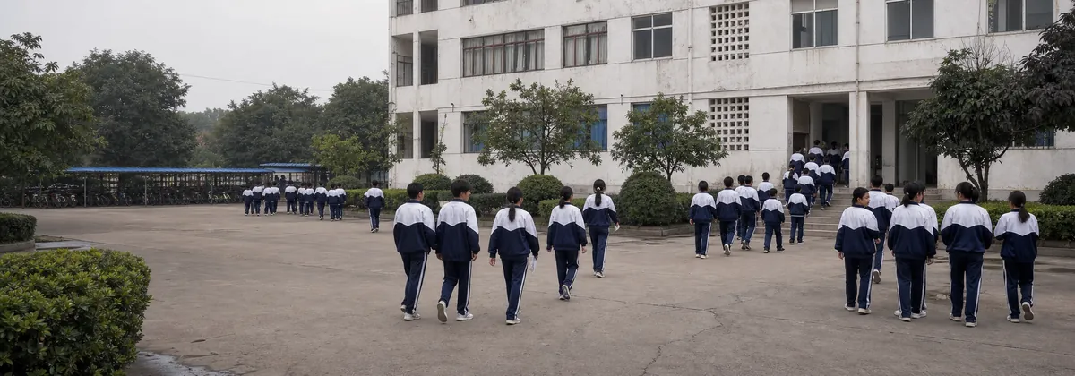 开学第一天，学生在教学楼前排队入校